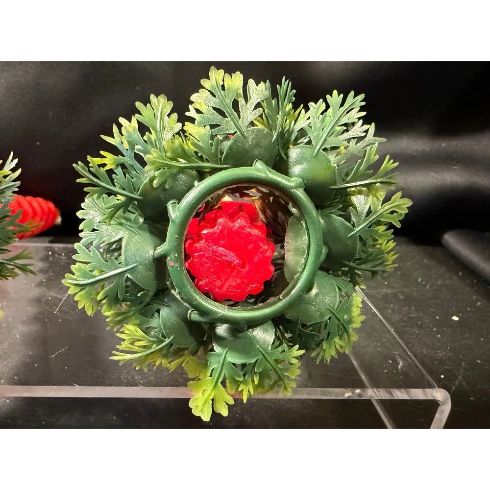 Vintage Red Spiral Taper Candles with Faux Greenery Berry Wreath Rings Set of 2